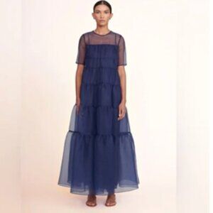Staud Hyacinth Tiered Organza Overlay Maxi A Line Dress in Navy Blue NWT